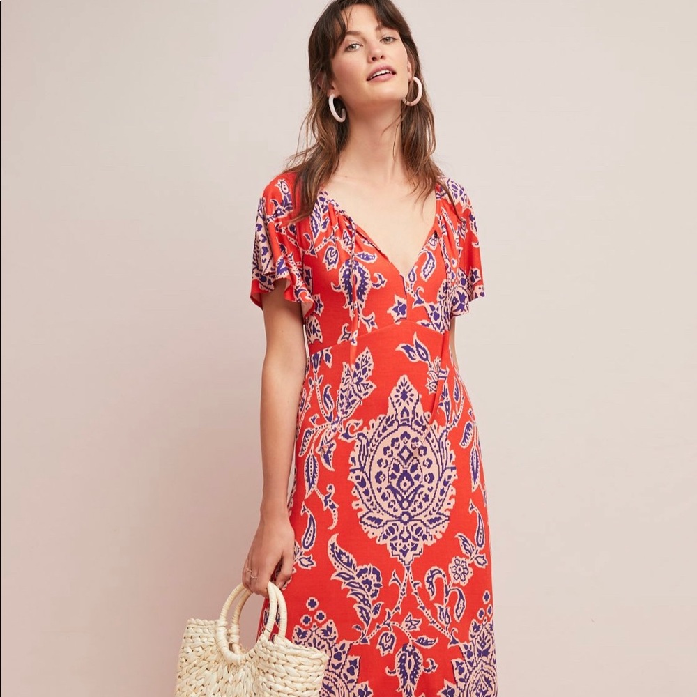 Anthropologie maxi dress. Flutter sleeves, soft material, beautiful colors.